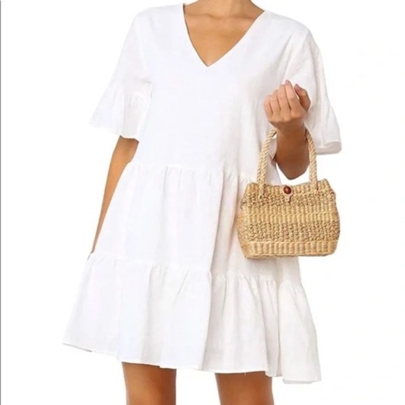 Fancyinn Dresses & Skirts - Sun Dress Cotton S/S Tiered Babydoll V neck White Size LARGE